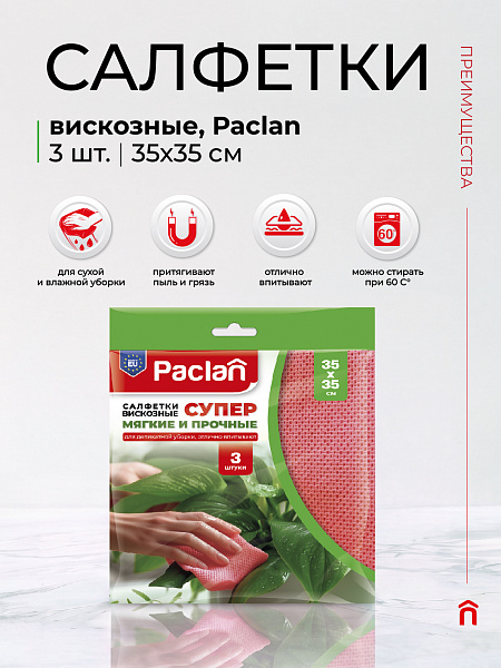 Салфетки вискозные СУПЕР Paclan, 35х35 см, 3 шт.