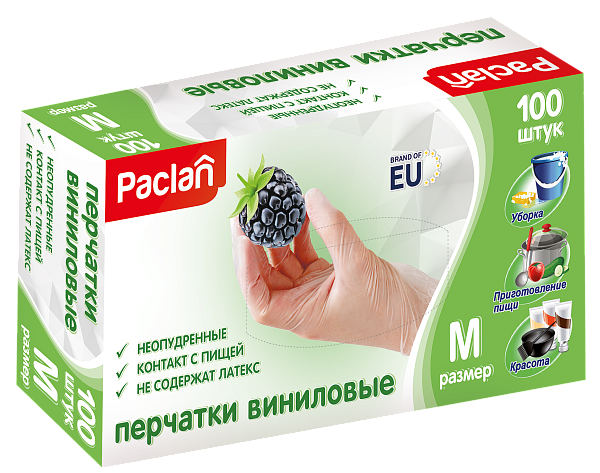 Перчатки виниловые Paclan, S, M, L, XL, 100 шт.